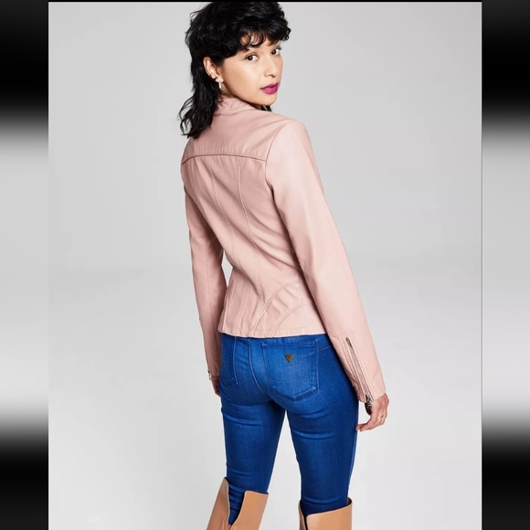 Guess Faux Leather Biker Jacket Moto Coat Light Pink Full Zip - Picture 2 of 14